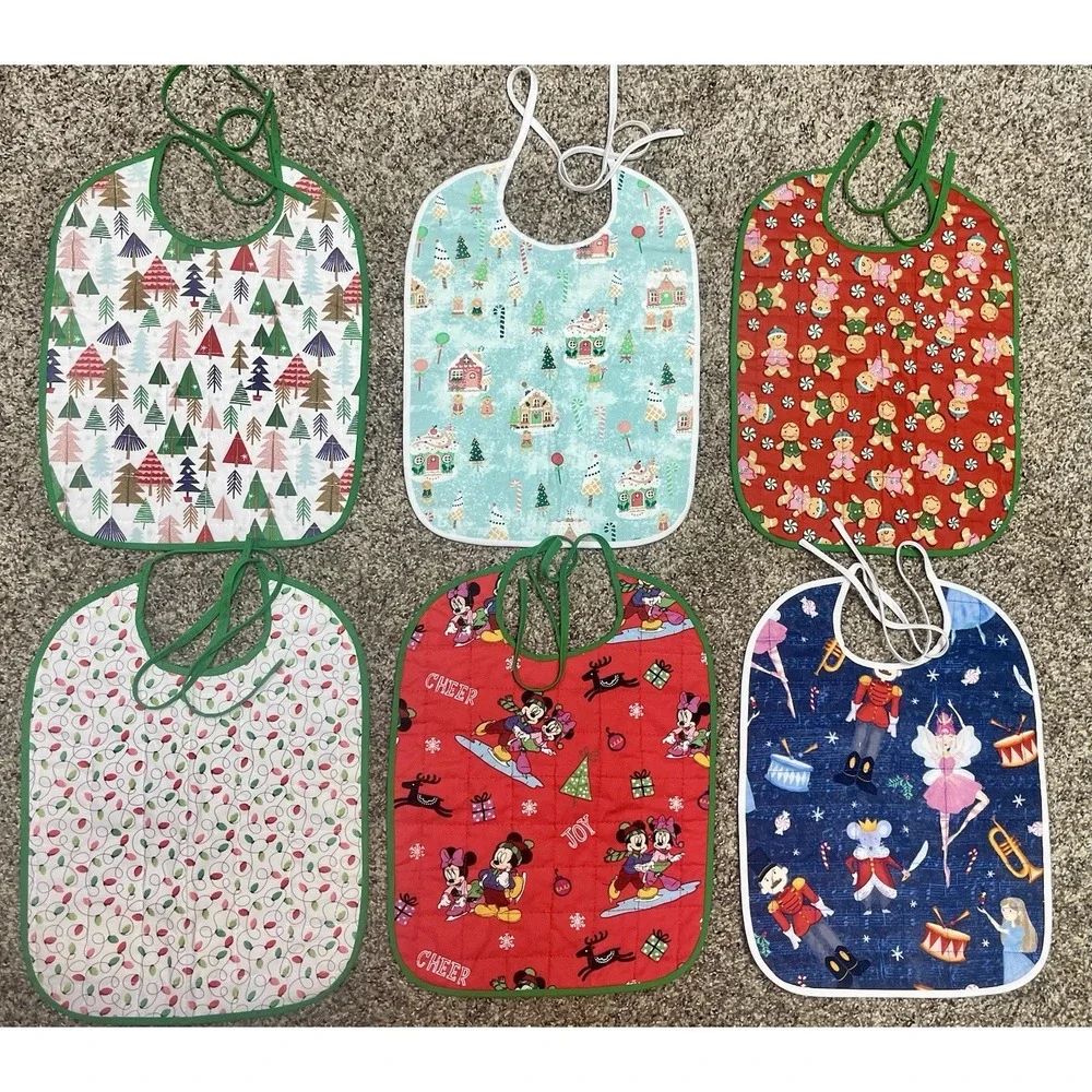 Lot Of 6 Quilted‎ Handmade Christmas Baby Bib Large Size 12